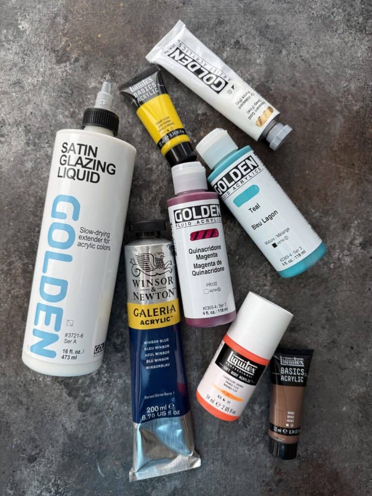 various acrylic paints in tubes