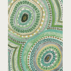 Abstract circular patterns with vibrant green, blue, and gold accents.