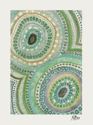Abstract circular patterns with vibrant green, blue, and gold accents.