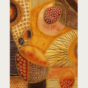Abstract watercolor painting featuring vibrant circles and marks in warm tones.