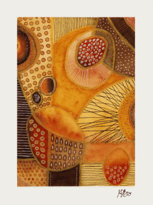 Abstract watercolor painting featuring vibrant circles and marks in warm tones.