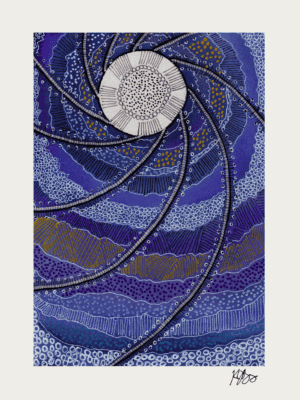 Abstract artwork with swirling circles and marks in blue, black, and gold tones.