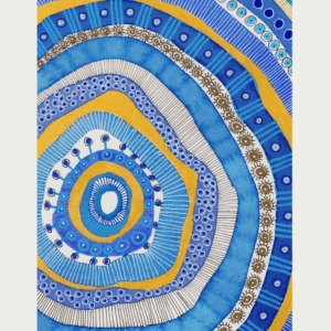 Abstract watercolor painting of concentric circles and marks in blue, gold, and white tones.