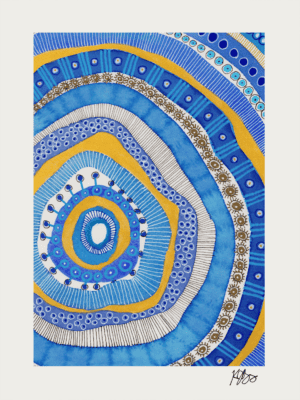 Abstract watercolor painting of concentric circles and marks in blue, gold, and white tones.