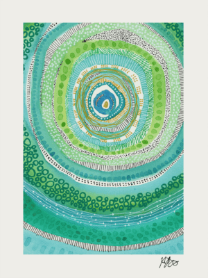 Abstract watercolor painting with concentric circles and marks in blue, green, and white tones.