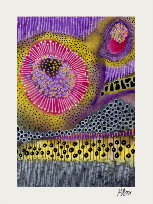 Colorful abstract painting with circles and marks, inspired by "Circles & Marks" theme.