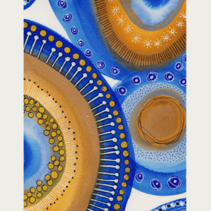 Colorful abstract watercolor painting featuring concentric circles and dynamic marks.