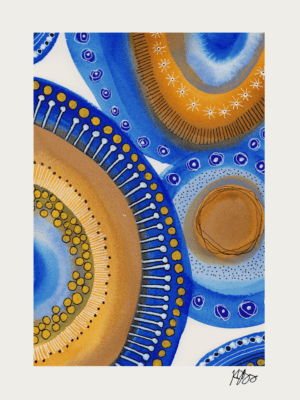 Colorful abstract watercolor painting featuring concentric circles and dynamic marks.