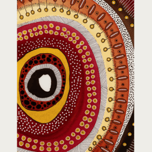 Abstract watercolor painting featuring concentric circles and marks in warm earthy tones.