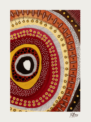 Abstract watercolor painting featuring concentric circles and marks in warm earthy tones.