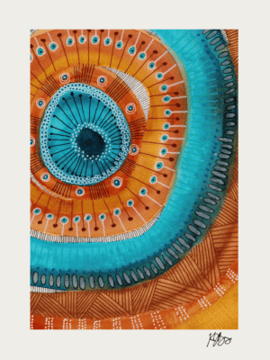 Vivid watercolor painting featuring concentric circles and dynamic marks in orange, blue, and black.