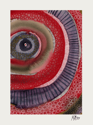 Abstract painting with concentric circles and textured marks in red, purple, and black.