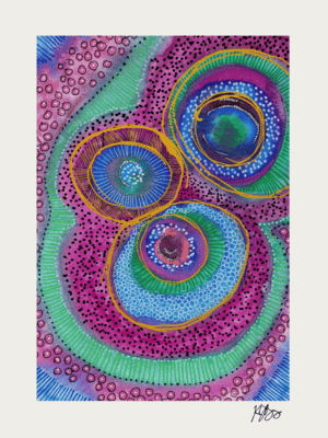Colorful circles and dynamic marks in an abstract watercolor painting.