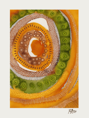 Vibrant watercolor painting of concentric circles and textured marks in green, orange, and white.