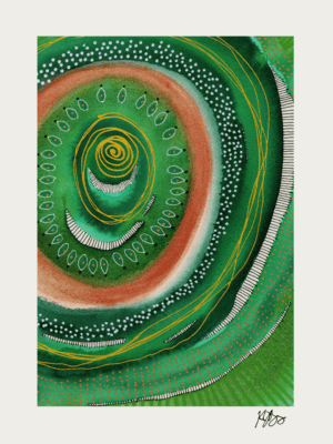 Abstract watercolor painting featuring concentric circles and marks in green, yellow, and white.