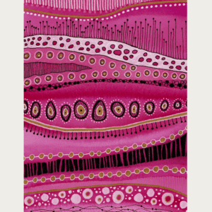 Colorful circles and marks in pink and gold on a textured background.