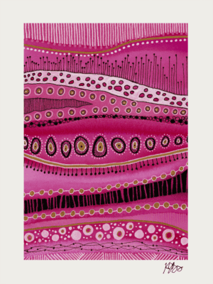 Colorful circles and marks in pink and gold on a textured background.