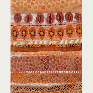 Vibrant abstract watercolor artwork featuring various circles and mark patterns in warm earthy tones.