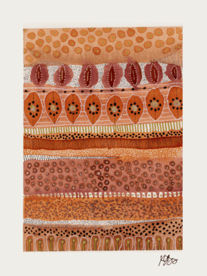 Vibrant abstract watercolor artwork featuring various circles and mark patterns in warm earthy tones.