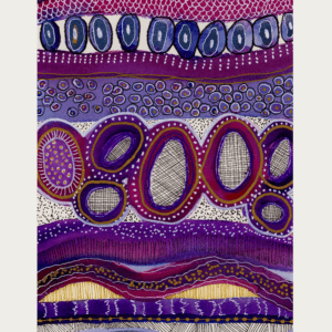 Abstract watercolor painting featuring vibrant circles and organic marks in shades of purple, blue,.