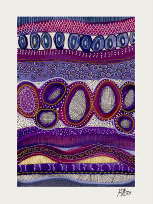 Abstract watercolor painting featuring vibrant circles and organic marks in shades of purple, blue,.