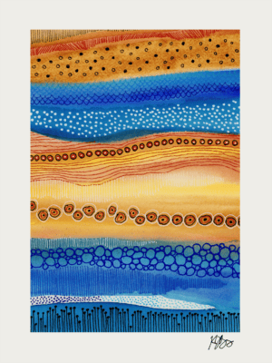 Abstract watercolor with circles and marks in vibrant colors for artistic inspiration.