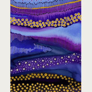 Colorful watercolor artwork featuring circles and marks in shades of blue, purple, and gold.
