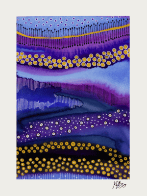 Colorful watercolor artwork featuring circles and marks in shades of blue, purple, and gold.
