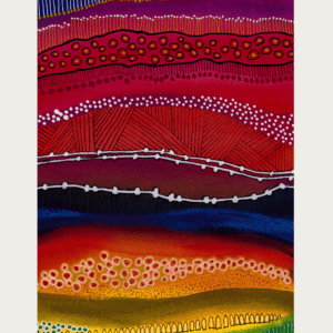 Colorful abstract painting with circles and marks in red, yellow, blue, and black hues.