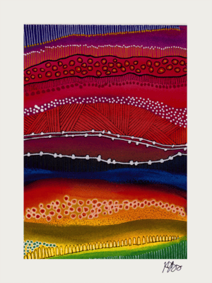 Colorful abstract painting with circles and marks in red, yellow, blue, and black hues.