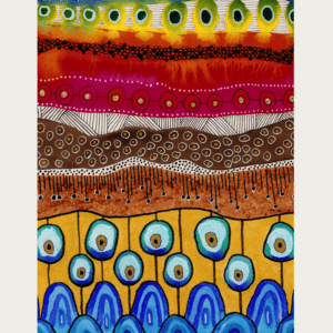 Colorful abstract watercolor painting featuring circles and marks in vibrant layers.