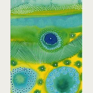 Abstract watercolor artwork featuring colorful circles and marks in green, blue, and yellow tones.
