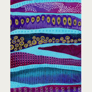 Colorful abstract watercolor with circles and marks in purple, blue, yellow, and white.
