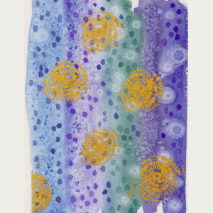 Abstract watercolor painting with layered marks and vibrant colors.