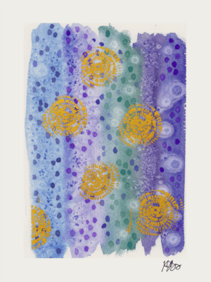 Abstract watercolor painting with layered marks and vibrant colors.