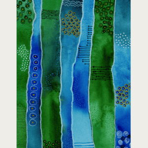 Colorful watercolor painting showcasing layers and marks with blue and green hues.