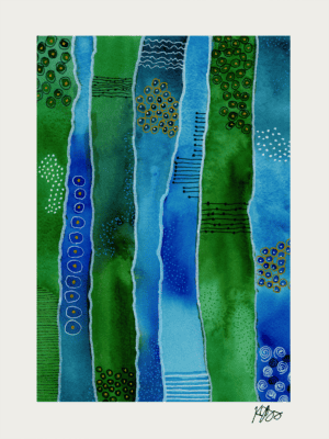 Colorful watercolor painting showcasing layers and marks with blue and green hues.