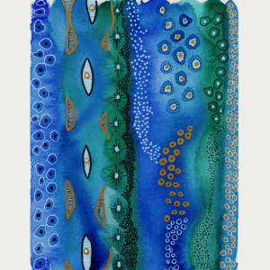 Vibrant watercolor painting showcasing layers and marks in blue, green, and gold hues.