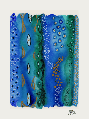 Vibrant watercolor painting showcasing layers and marks in blue, green, and gold hues.