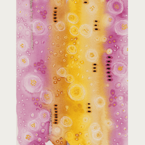 Abstract watercolor painting with layered circles and marks in pink, yellow, and black hues.