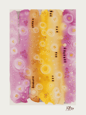 Abstract watercolor painting with layered circles and marks in pink, yellow, and black hues.