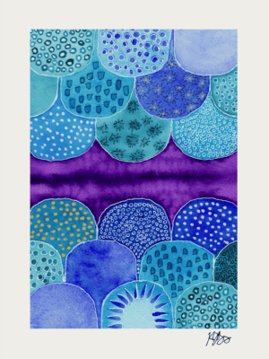 Watercolor painting of layered circular marks and textures in shades of blue and purple.