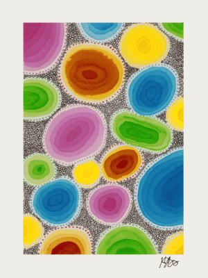Abstract watercolor painting with colorful layered circles and textured marks.