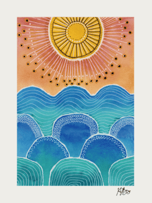Abstract watercolor painting of the sun and ocean waves with layered marks.