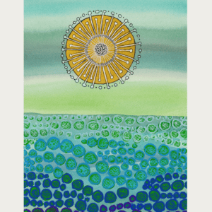 Abstract watercolor painting with layered circles and marks in green, blue, and yellow tones.