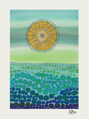 Abstract watercolor painting with layered circles and marks in green, blue, and yellow tones.