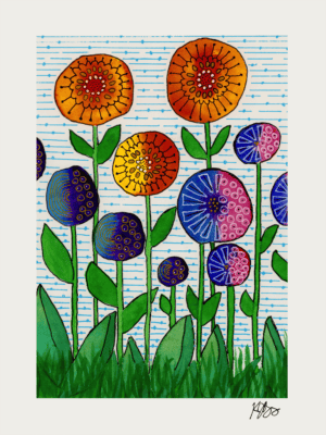 Colorful layered flowers with intricate marks on watercolor background.