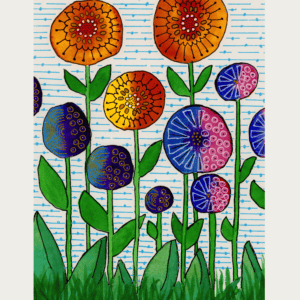 Colorful layered flowers with intricate marks on watercolor background.