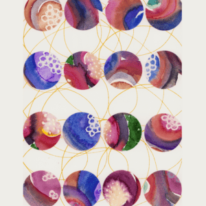 Vibrant watercolor collage featuring abstract circular designs and gold accents.