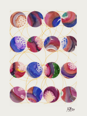 Vibrant watercolor collage featuring abstract circular designs and gold accents.